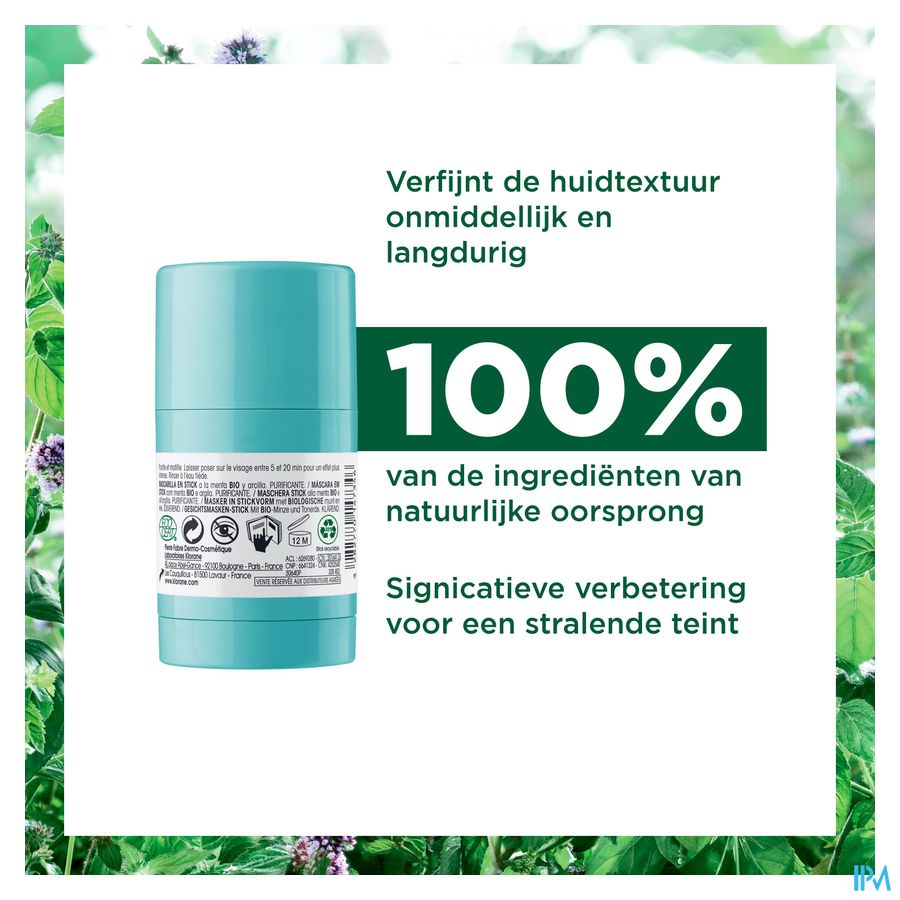 Klorane - Masque en stick Purifiant à la Menthe BIO et argile soin anti-imperfections peaux grasses à tendance acnéique