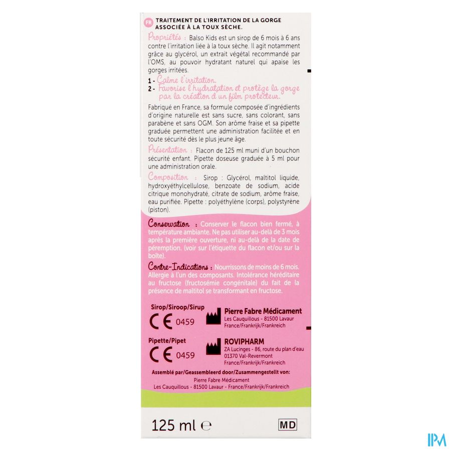 Balso Kids Sirop Toux S/sucre 125ml + Pipette Nf