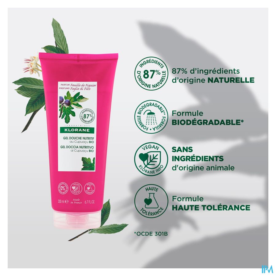 Klorane - Gel douche au beurre de Cupuaçu BIO - Feuille de Figuier - Tous types de peaux - Hydratant