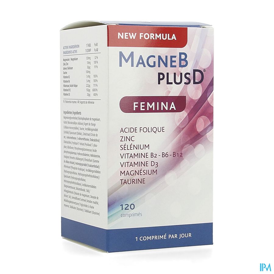 MagneBplusD Femina - Magnésium, Vitamine D, Vitamines B, Acide Folique, Zinc, Sélénium, Taurine - 120 comprimés