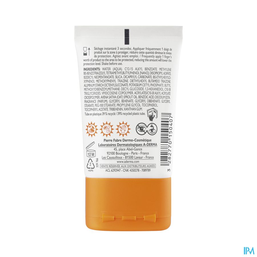 A-DERMA - PROTECT POCKET Fluide solaire visage invisible SPF50+ - Peaux fragiles mixtes à grasses