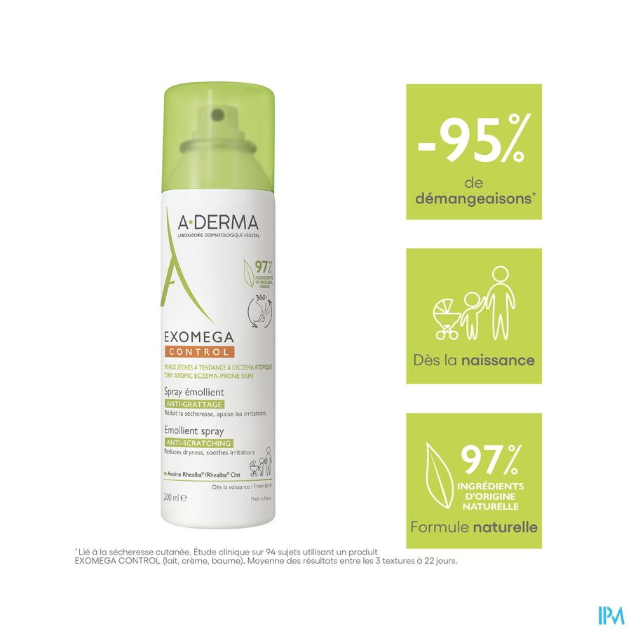 A-DERMA — EXOMEGA CONTROL — SPRAY ÉMOLLIENT anti-grattage - Peaux sèches à tendances atopique