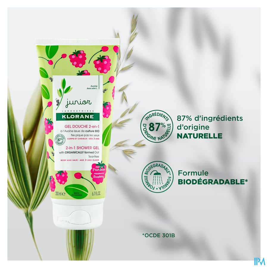 Klorane - Gel douche 2-en-1 à l’Avoine BIO - Framboise - Corps et Cheveux - Junior - Enfant
