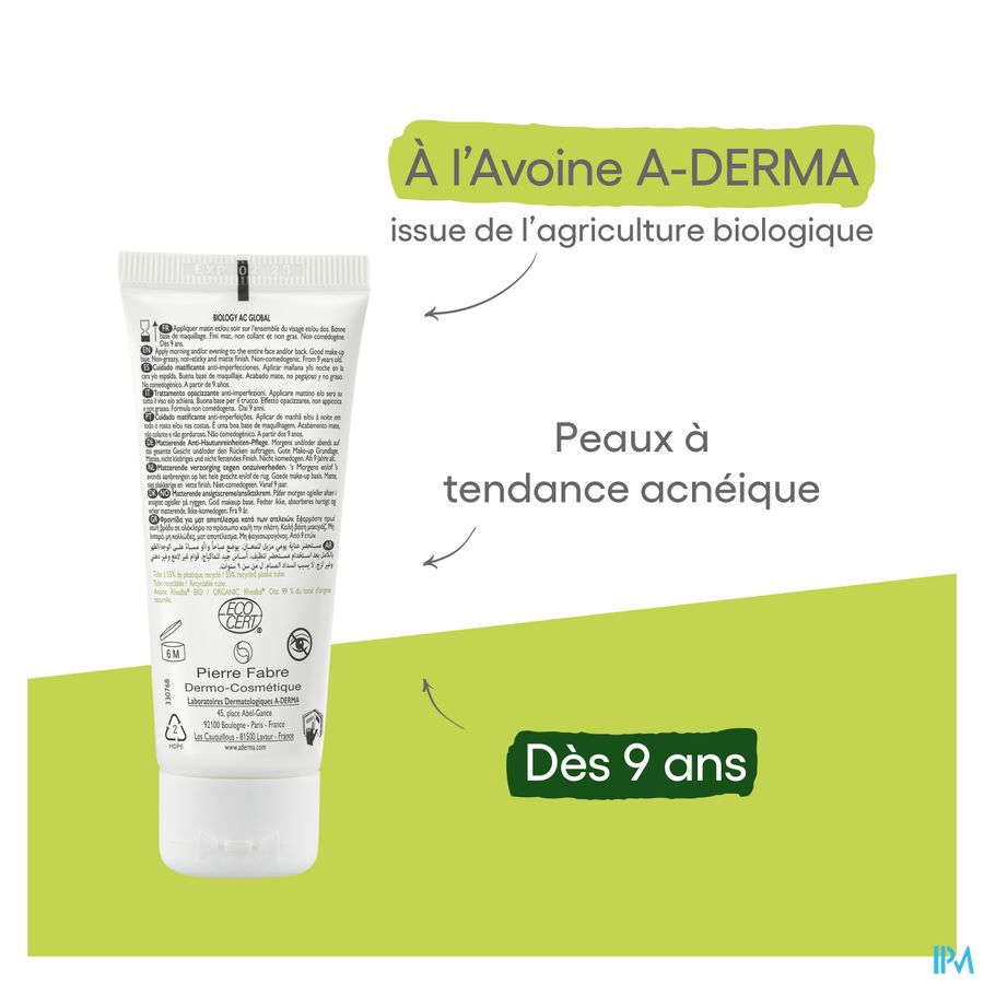 A-DERMA BIOLOGY AC GLOBAL - Crème hydratante visage anti-imperfections, anti-marques, acné