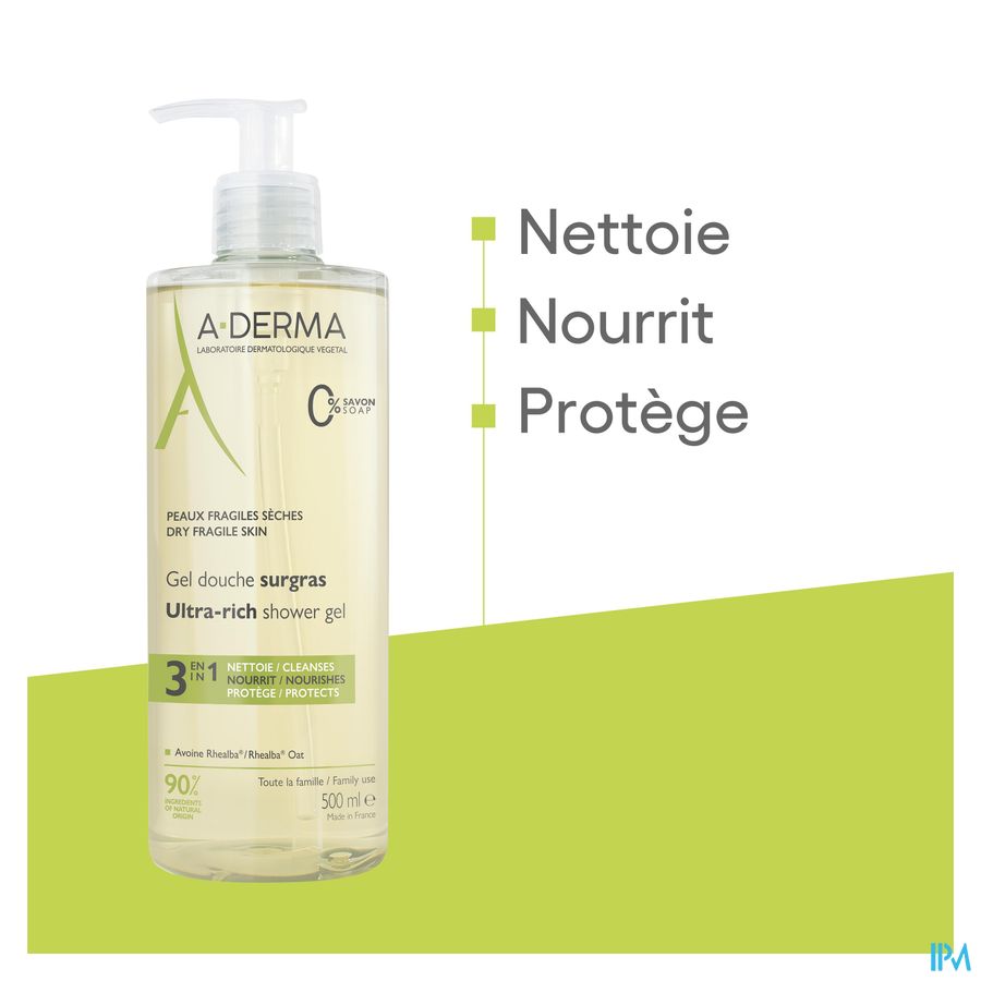 A-DERMA - LES INDISPENSABLES GEL DOUCHE SURGRAS  - Peaux fragiles sèches