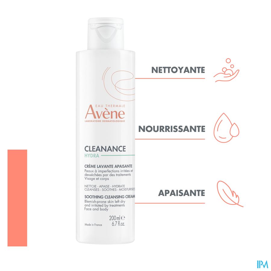Eau Thermale Avène CLEANANCE HYDRA Crème lavante apaisante - Peaux à imperfections irritées et desséchées par des traitements - Visage et Corps
