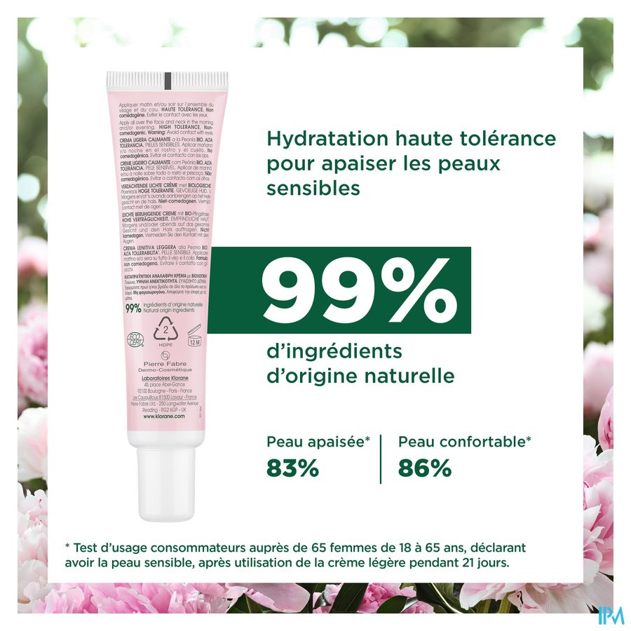 Klorane — Crème Légère Apaisante à la Pivoine BIO — Peaux sensibles