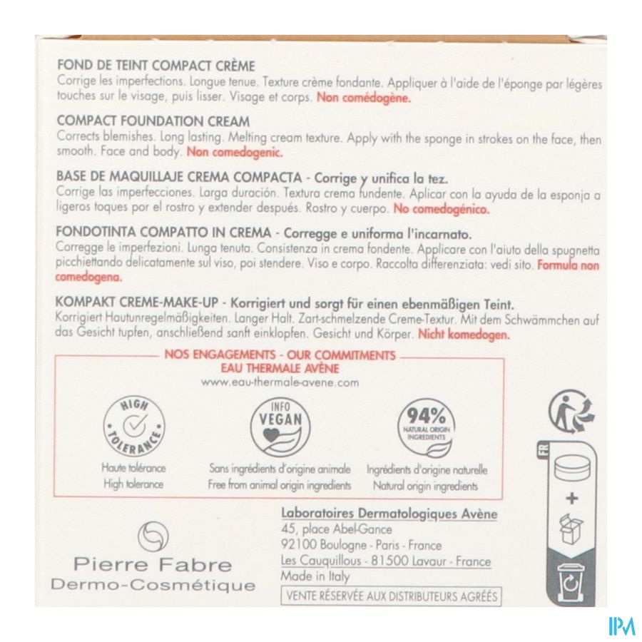 Eau Thermale Avène Fond de Teint Compact Crème 1.3 Miel Couvrance