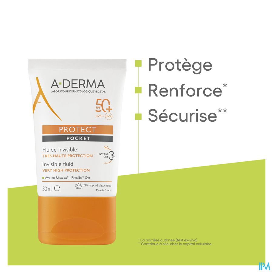 A-DERMA - PROTECT POCKET Fluide solaire visage invisible SPF50+ - Peaux fragiles mixtes à grasses