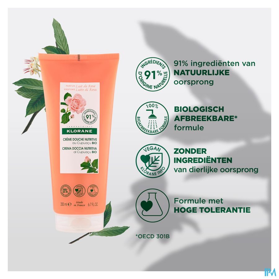 Klorane - Crème douche au Cupuaçu BIO - Lait de Rose - Peau sèche