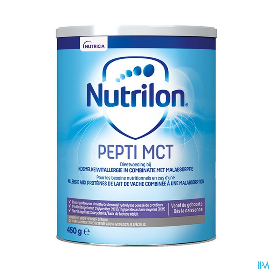 Nutrilon Pepti MCT | Allergies Proteines Lait de Vache et Malabsorbtion | Bébé 0-12 mois  | Lait en Poudre pour Biberon | Boite 450g