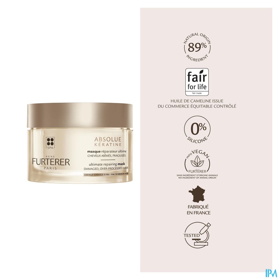 René Furterer Masque réparateur ultime - Cheveux normaux à fins  - Masque à la Kératine pour cheveux abimés - ABSOLUE KERATINE