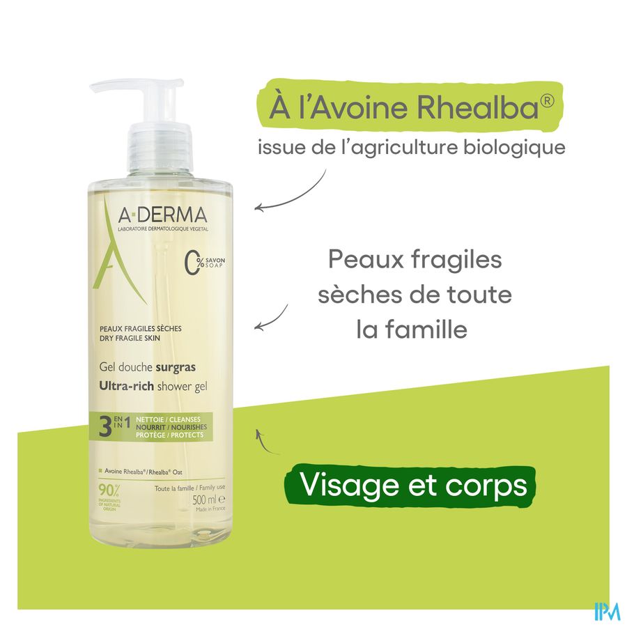 A-DERMA - LES INDISPENSABLES GEL DOUCHE SURGRAS  - Peaux fragiles sèches