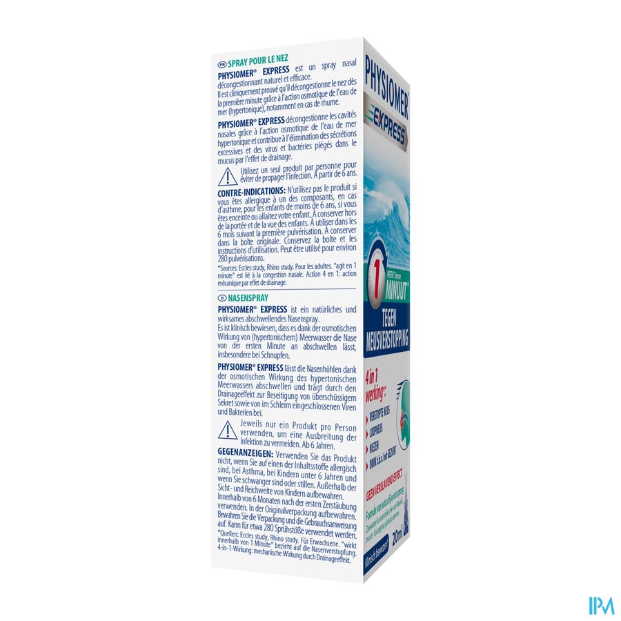 Physiomer®Express (1 Min(1)) Spray nasal 20ml. Nez bouché, nez coulant, éternuement.