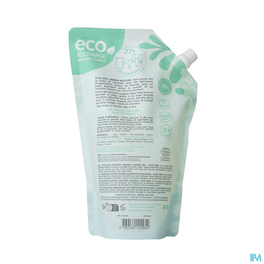 Mkl Gel Douche Bio Aloe Vera Recharge 900ml