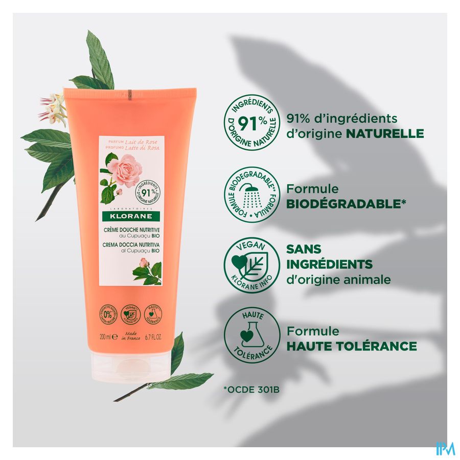 Klorane - Crème douche au Cupuaçu BIO - Lait de Rose - Peau sèche