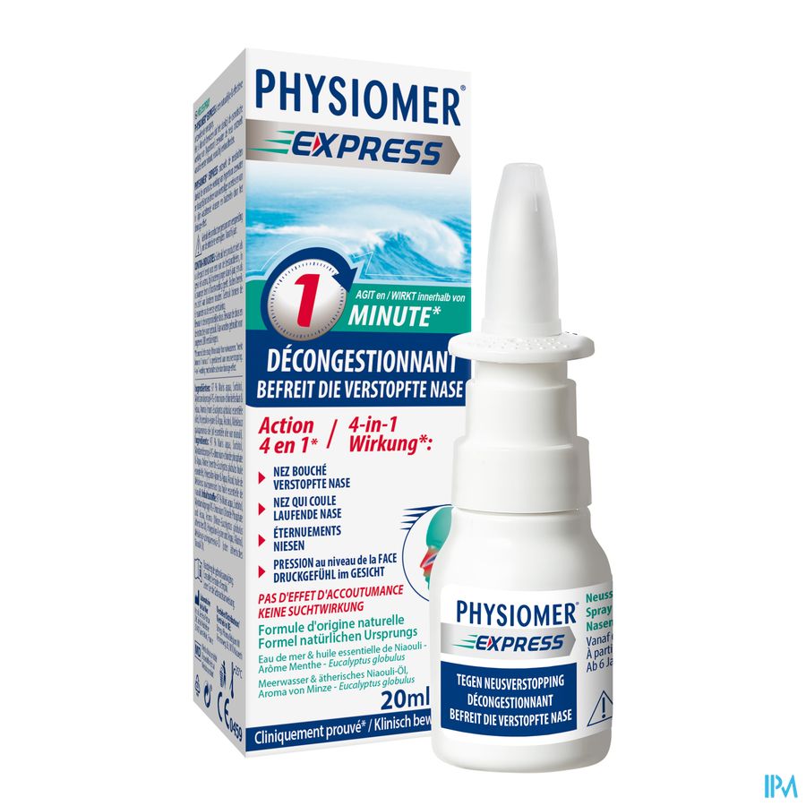 Physiomer®Express (1 Min(1)) Spray nasal 20ml. Nez bouché, nez coulant, éternuement.