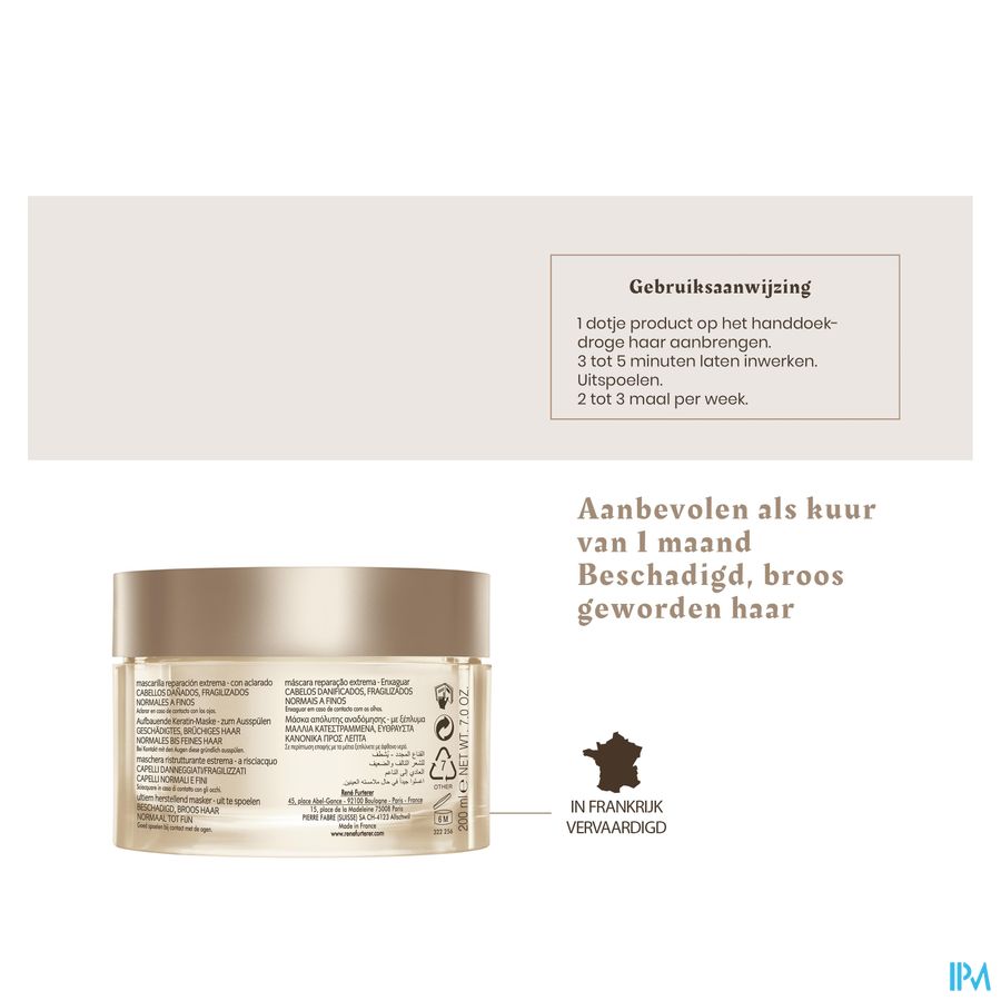 René Furterer Masque réparateur ultime - Cheveux normaux à fins  - Masque à la Kératine pour cheveux abimés - ABSOLUE KERATINE