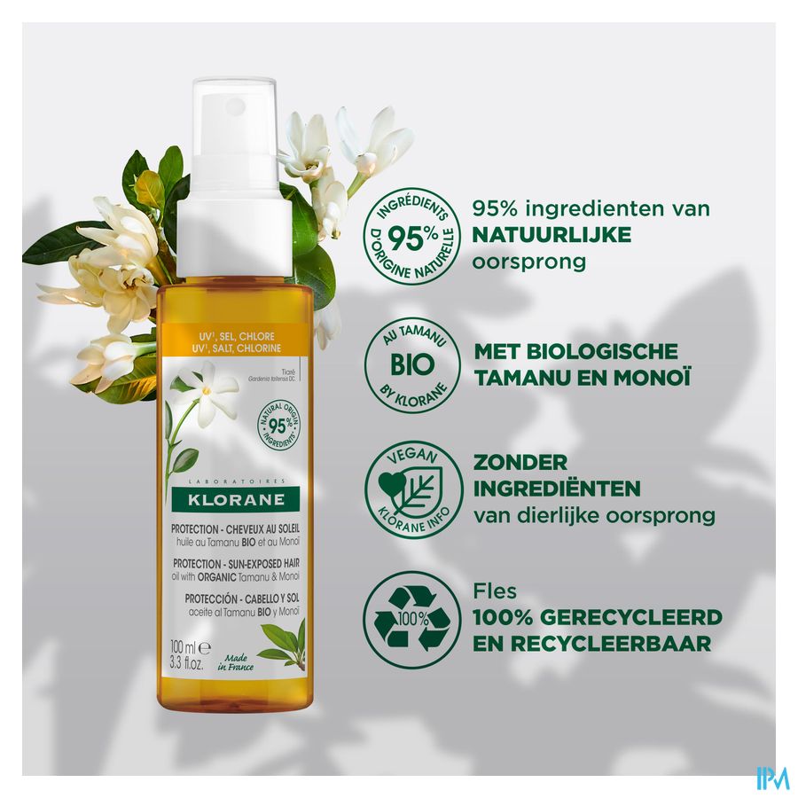 Klorane — Huile protectrice capillaire au Tamanu BIO et Monoï — Cheveux exposés au soleil
