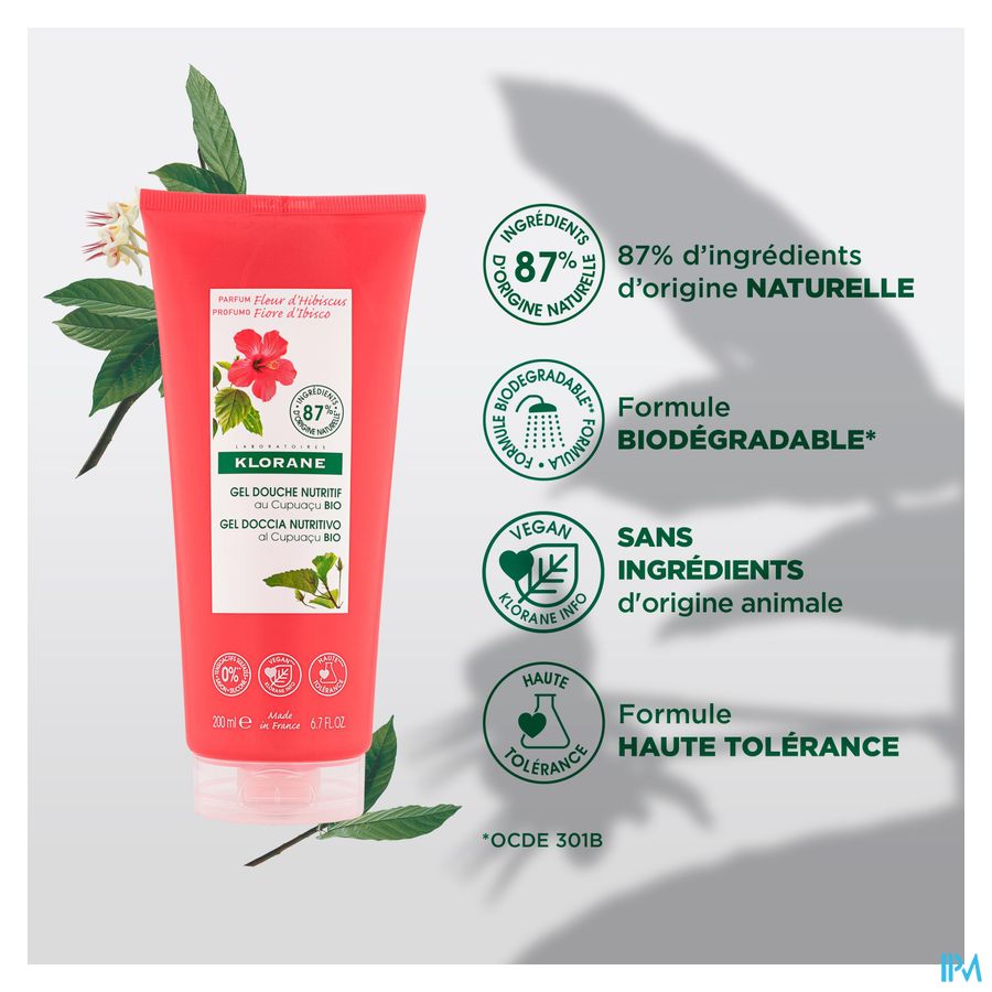 Klorane - Gel douche au beurre de Cupuaçu BIO - Fleur d’Hibiscus - Tous types de peaux