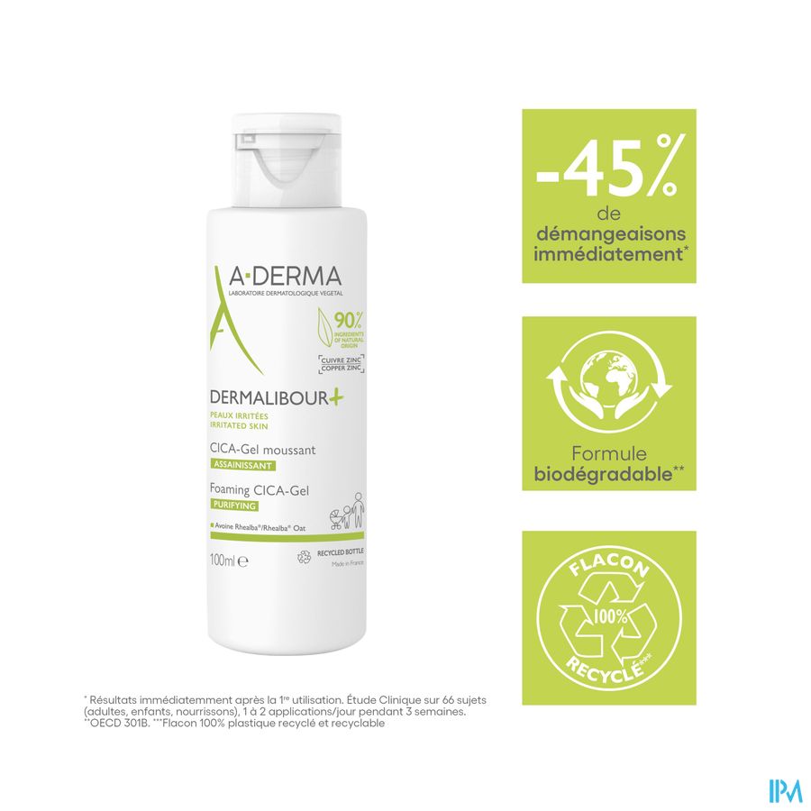 A-DERMA - DERMALIBOUR + CICA -GEL MOUSSANT ASSAINISSANT -  Apaise les peaux irritées