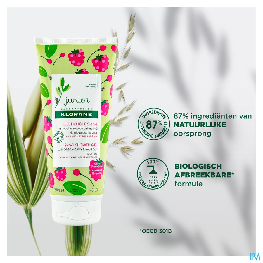Klorane - Gel douche 2-en-1 à l’Avoine BIO - Framboise - Corps et Cheveux - Junior - Enfant