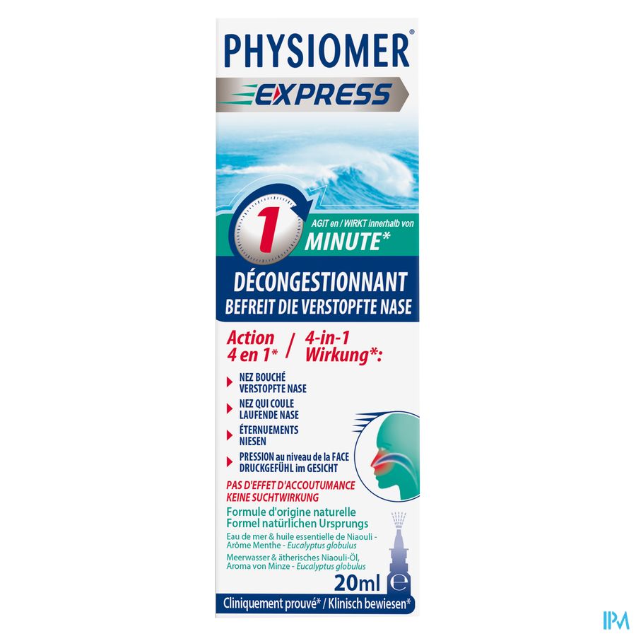 Physiomer®Express (1 Min(1)) Spray nasal 20ml. Nez bouché, nez coulant, éternuement.