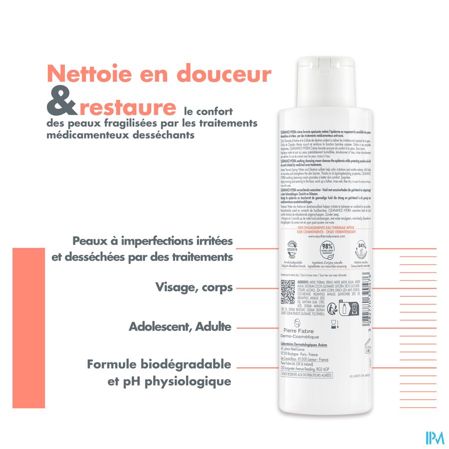 Eau Thermale Avène CLEANANCE HYDRA Crème lavante apaisante - Peaux à imperfections irritées et desséchées par des traitements - Visage et Corps