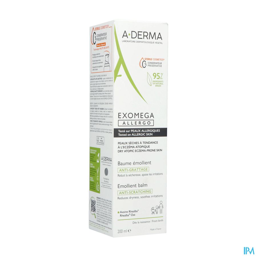 A-DERMA — EXOMEGA ALLERGO - BAUME ÉMOLLIENT COSMETIQUE STERILE -  Peaux allergiques anti-grattage démangeaisons