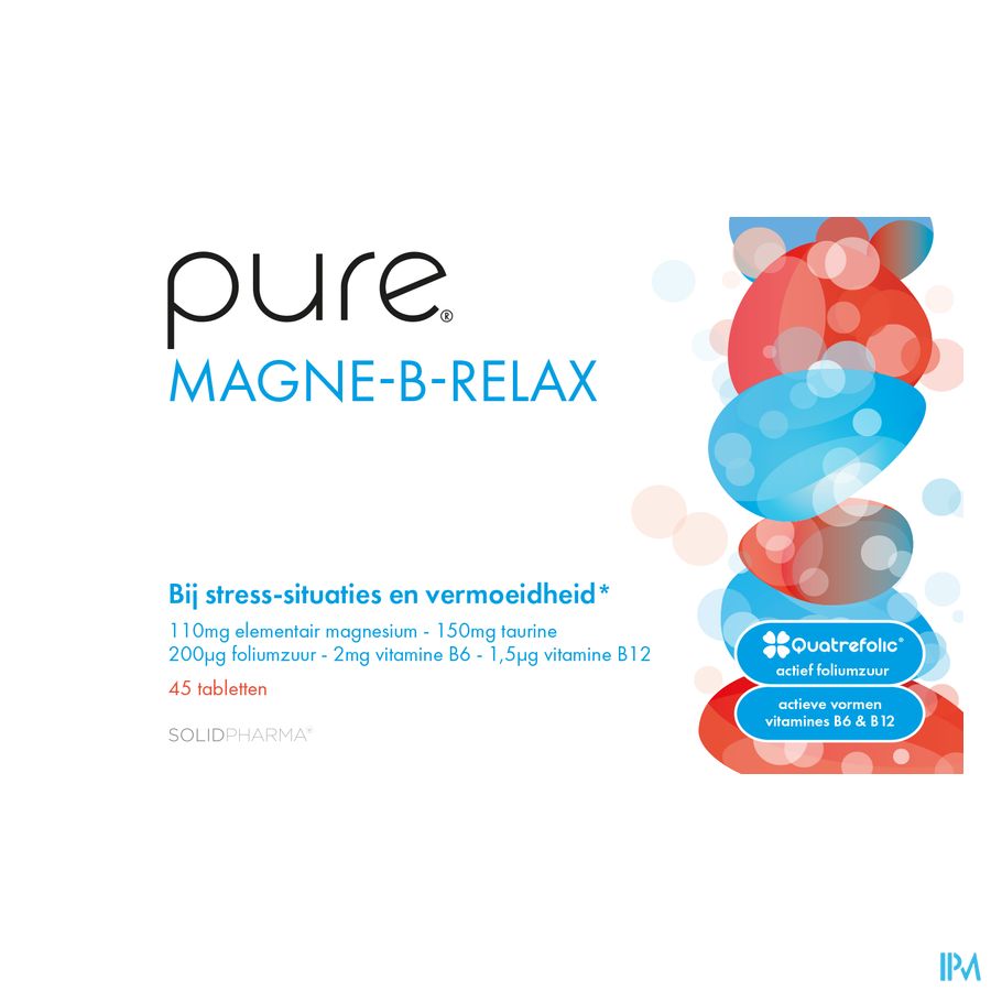 Pure Magne-B-Relax. Magnésium (hautement absorbable). Vitamines B actives. Taurine. Stress et fatigue. 45 comprimés