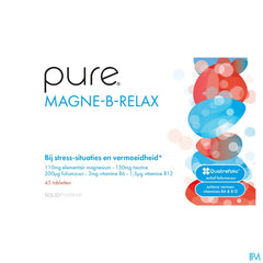 Pure Magne-B-Relax. Magnésium (hautement absorbable). Vitamines B actives. Taurine. Stress et fatigue. 45 comprimés