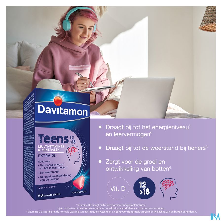 Davitamon® Teens (12>18) Multivitamines 60 Cpr. (Fraise) – Énergie, Résistance