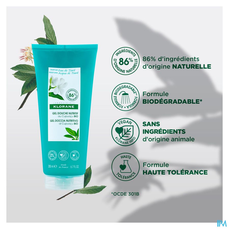 Klorane - Gel douche au beurre de Cupuaçu BIO - Eau de Tiaré - Tous types de peaux