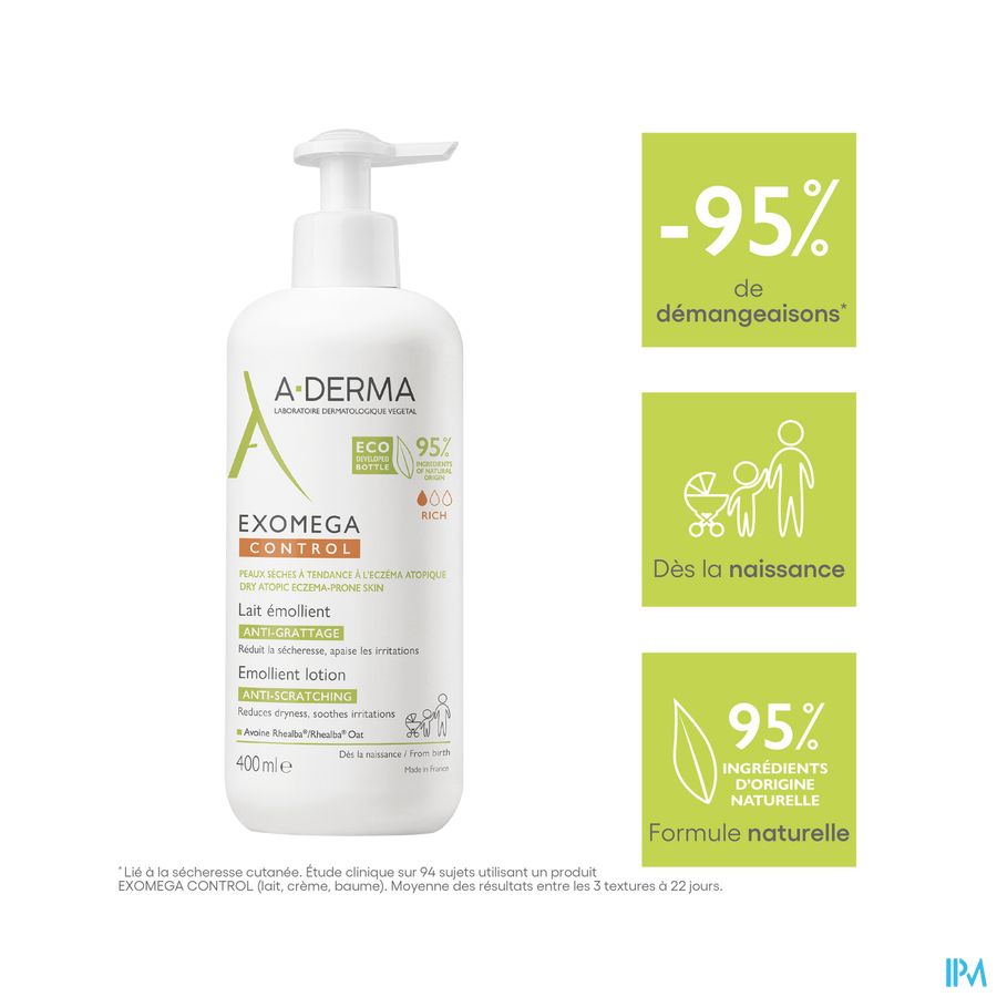 A-DERMA — EXOMEGA CONTROL — LAIT ÉMOLLIENT anti-grattage - Peaux sèches à tendance atopique