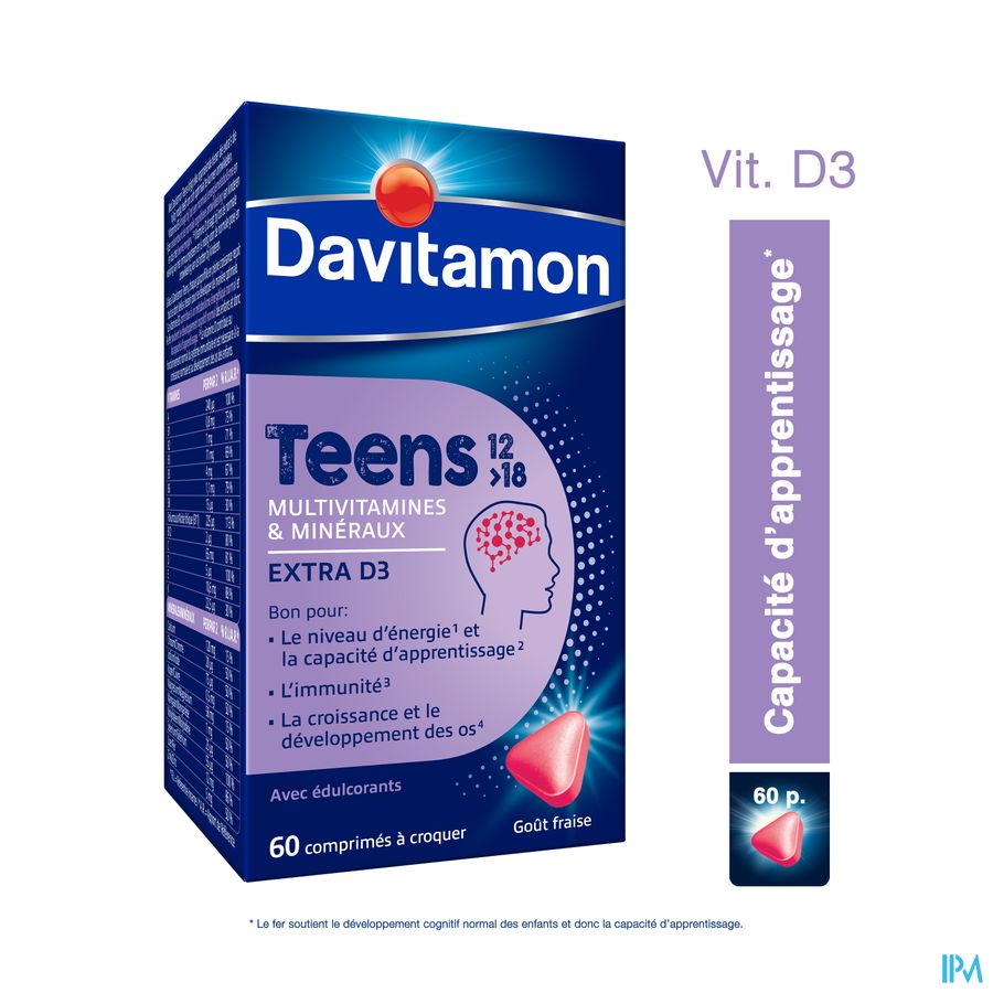 Davitamon® Teens (12>18) Multivitamines 60 Cpr. (Fraise) – Énergie, Résistance