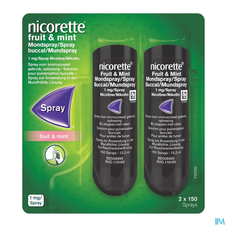 Nicorette® Spray Fruit & Mint — pour arrêter de fumer — duopack 2 x 13,2 ml, 1 mg de nicotine