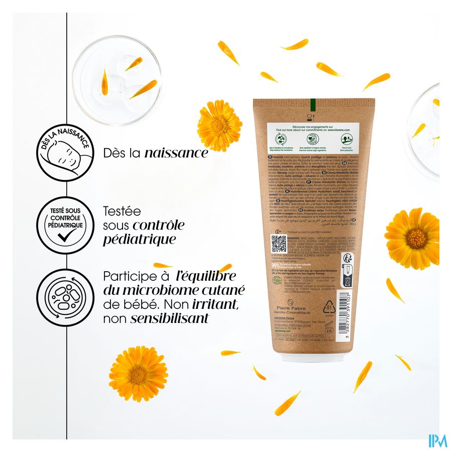 Klorane Crème hydratante certifiée BIO au Calendula - Visage et Corps - Bébé