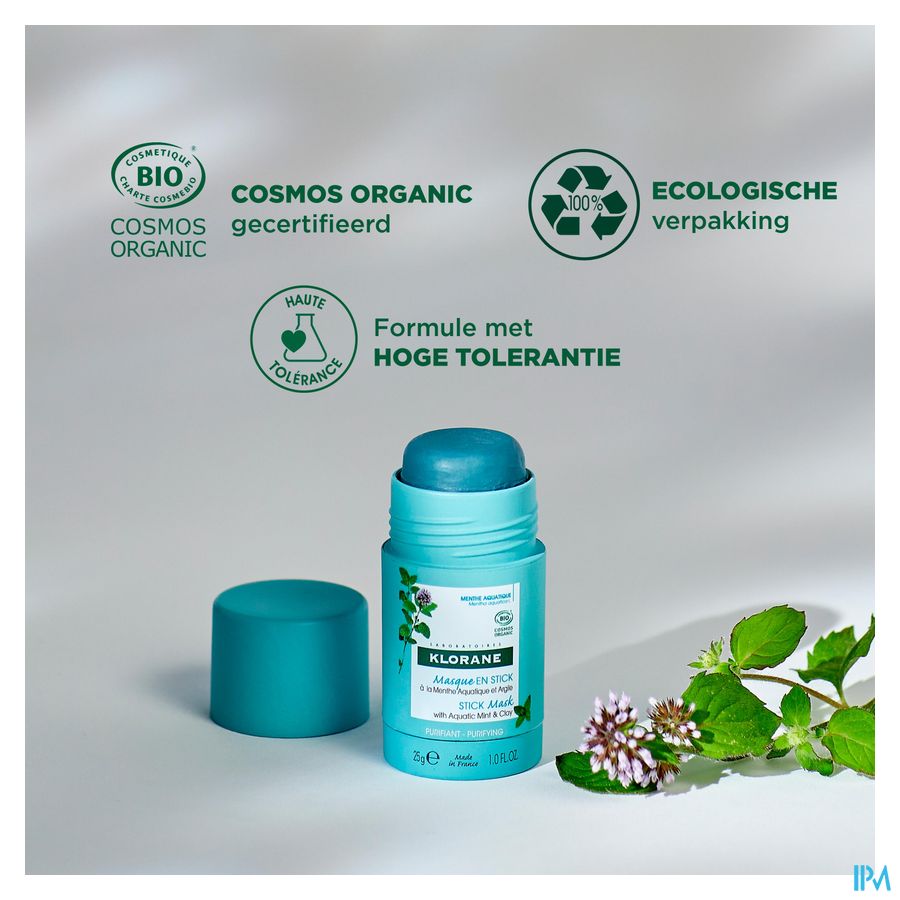 Klorane - Masque en stick Purifiant à la Menthe BIO et argile soin anti-imperfections peaux grasses à tendance acnéique