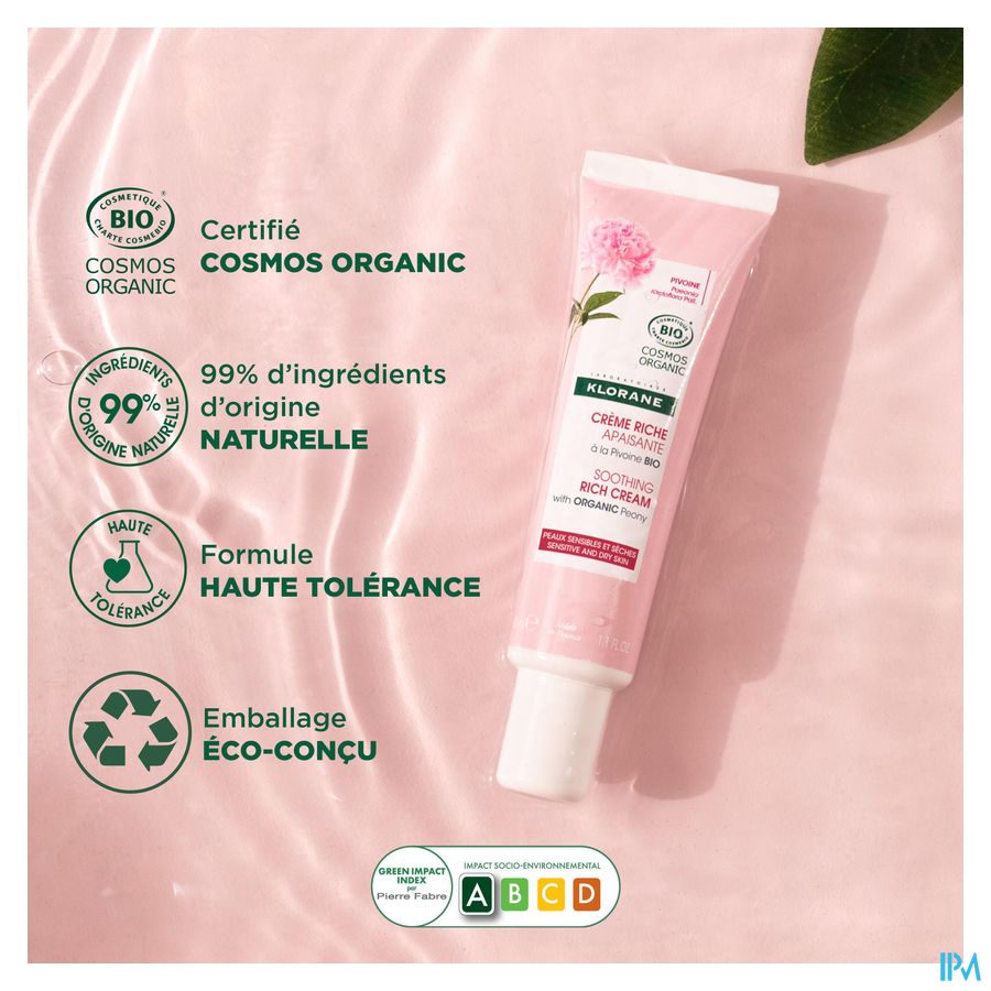Klorane — Crème Riche Apaisante à la Pivoine BIO — Peaux sensibles et sèches
