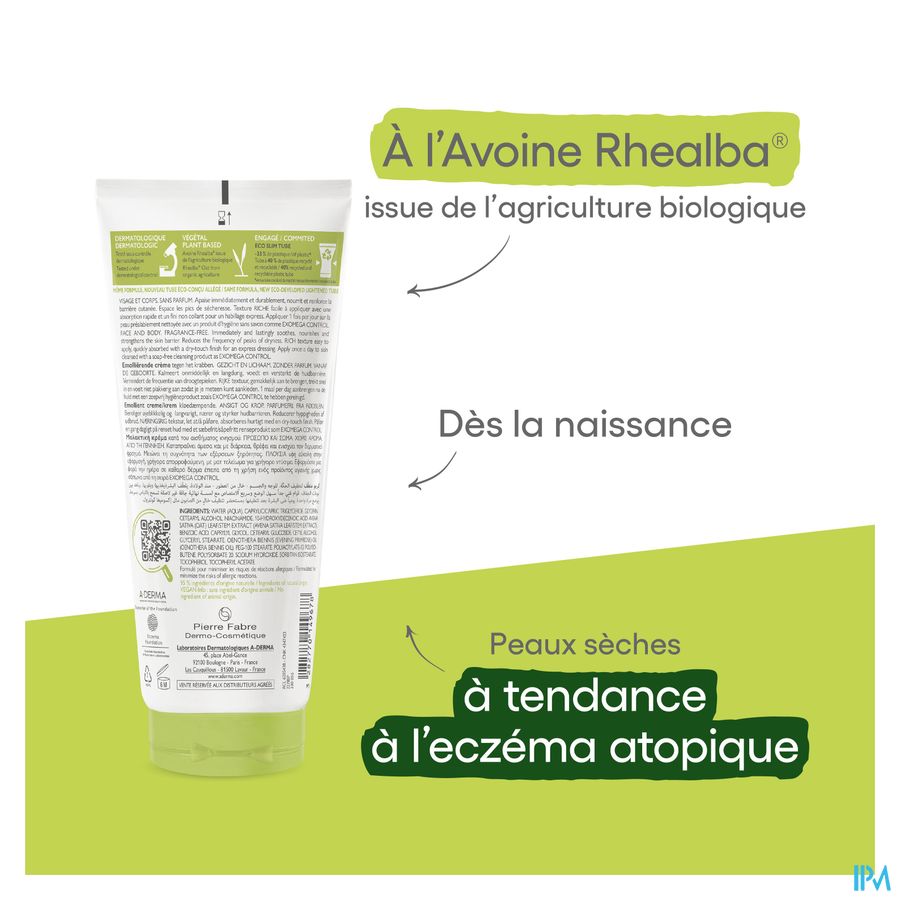 A-DERMA — EXOMEGA CONTROL — CRÈME ÉMOLLIENTE anti-grattage peau à tendance atopique