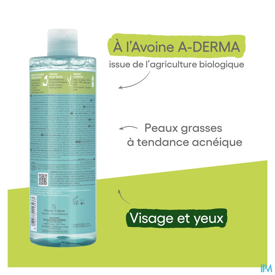 A-DERMA BIOLOGY AC EAU MICELLAIRE - Peau mixte, grasse à tendance acnéique, anti-imperfections