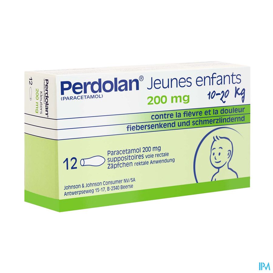 Perdolan® Jeunes enfants, suppositoires avec 200 mg de paracétamol, pour le traitement symptomatique de la fièvre et de la douleur chez les jeunes enfants, 12 suppositoires