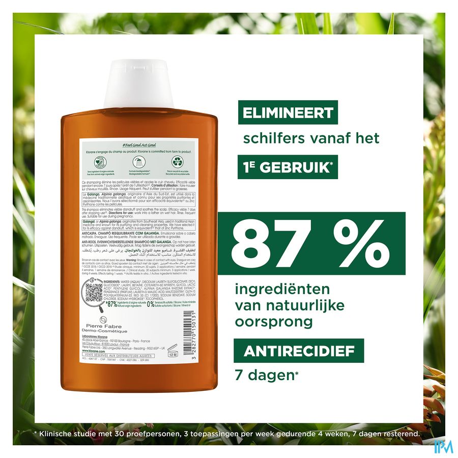 Klorane — Shampoing Rééquilibrant Antipelliculaire au Galanga — Pellicules libres