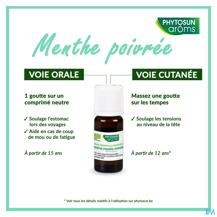 Phytosun® Huile Essentielle Menthe poivrée bio – 10 ml – Digestion – Oral et cutané