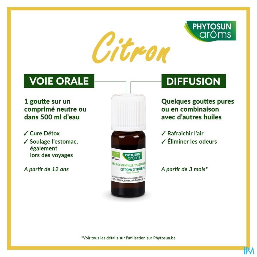 Phytosun® Huile Essentielle Citron bio – 10 ml – Rafraîchissant et purifiant