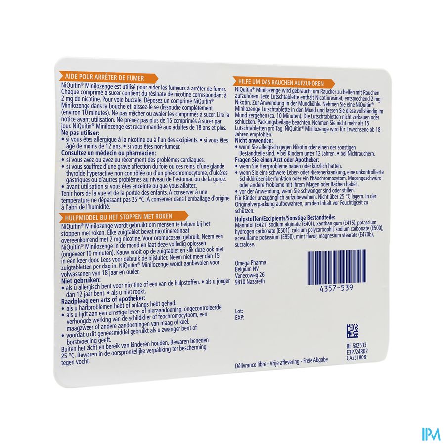 NiQuitin® Minilozenge comprimé à sucer 2 mg 60p – Arrêter de Fumer – Réprime l’envie soudaine de cigarette