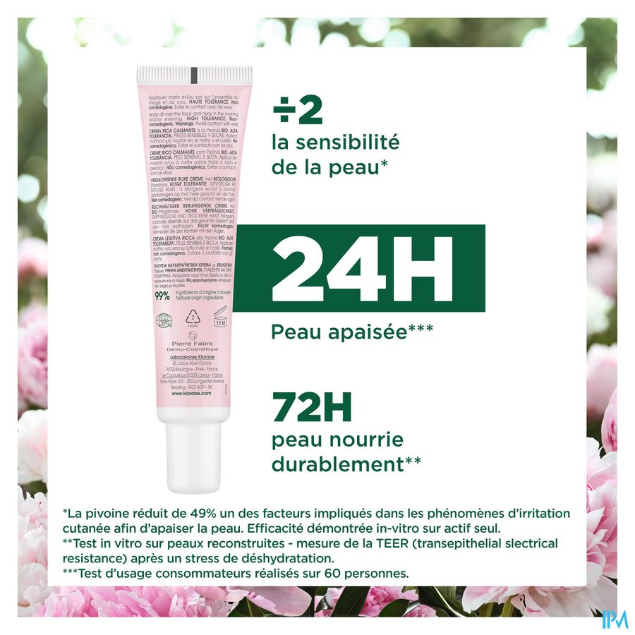 Klorane — Crème Riche Apaisante à la Pivoine BIO — Peaux sensibles et sèches