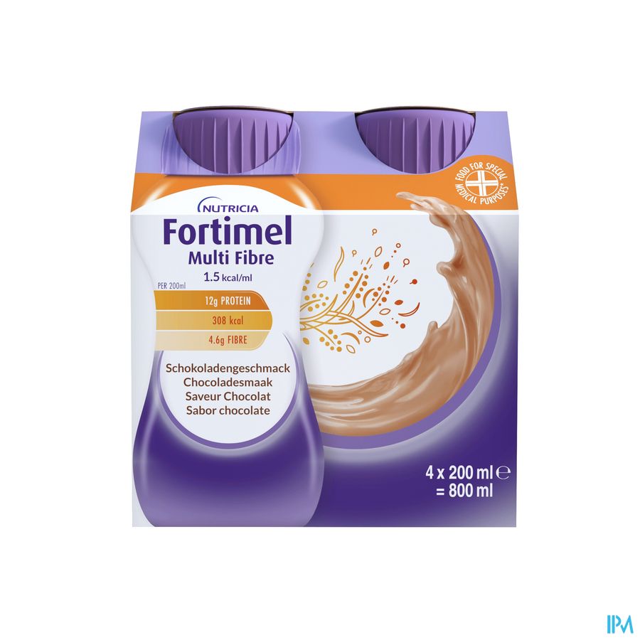 Fortimel Multi Fibre 1.5kcal Arôme Chocolat Complément Nutritionnel Dénutrition Bouteilles 4x200ml