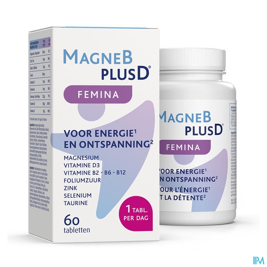 MagneBplusD Femina - Magnésium, Vitamine D, Vitamines B, Acide Folique, Zinc, Sélénium, Taurine - 60 comprimés