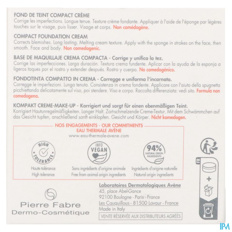 Eau Thermale Avène Fond de Teint Compact Crème 1.4 Doré Couvrance